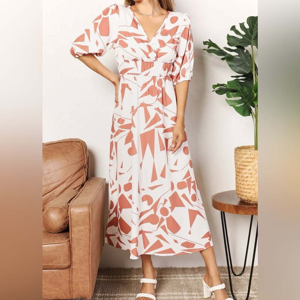 Printed Surplice Balloon Sleeve Dress